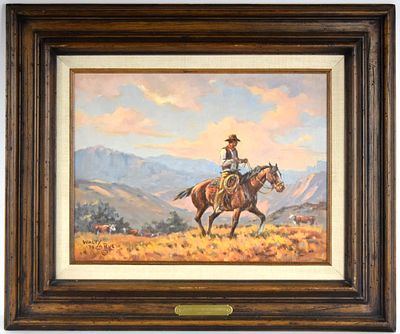 American/Canadian Walt LaRue Riding the North Range Oil On Canvas. Very fine oil on canvas 