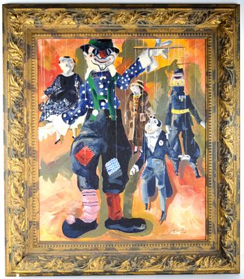 Oil On Canvas Painting Clown with Puppets. Very fine oil on canvas painting depicting clown with 