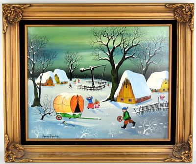 German Ignaz Rogalsky Oil On Canvas Painting. Fine German folk art oil on canvas by Ignaz 