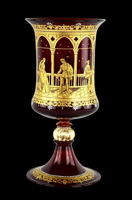 MOSER SALVIATI VENETIAN RUBY GLASS GOLD RENAISSANCE SCENE URN. Beautiful old and one of a kind 