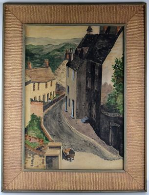 European School Street Scene Watercolor Painting. Great vintage watercolor painting depicting 