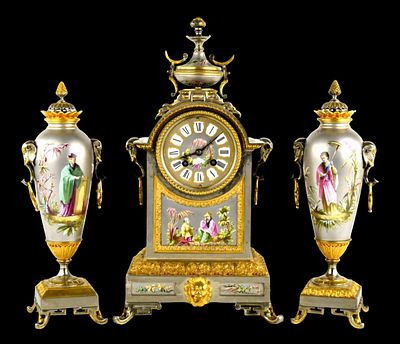 French Enamel Gilt Bronze Chinoiserie 3 Piece Garniture Mantel Clock Set. Exceptional French 