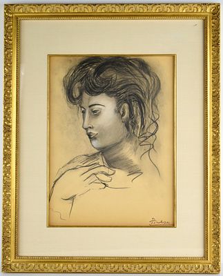 After Pablo Picasso Charcoal Drawing Portrait Of A Young Woman. Framed charcoal drawing on paper 