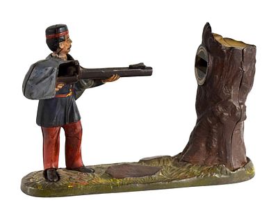 American J. & E. Stevens Painted Cast Iron Creedmoor Mechanical Bank. Creedmoor Antique 