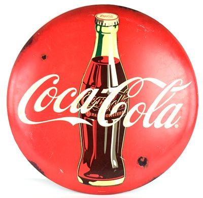 Original 1950-60 s Coca Cola Red Metal Button Sign With Coke Bottle. Vintage Coca-Cola red metal 