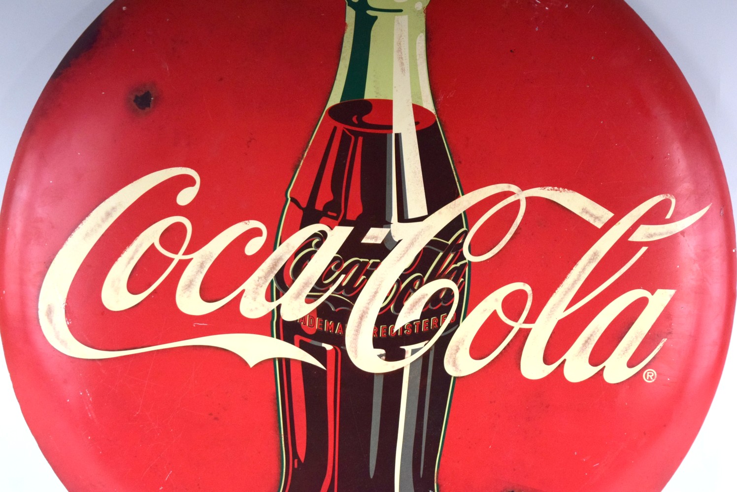 Original 1950-60 s Coca Cola Red Metal Button Sign With Coke Bottle