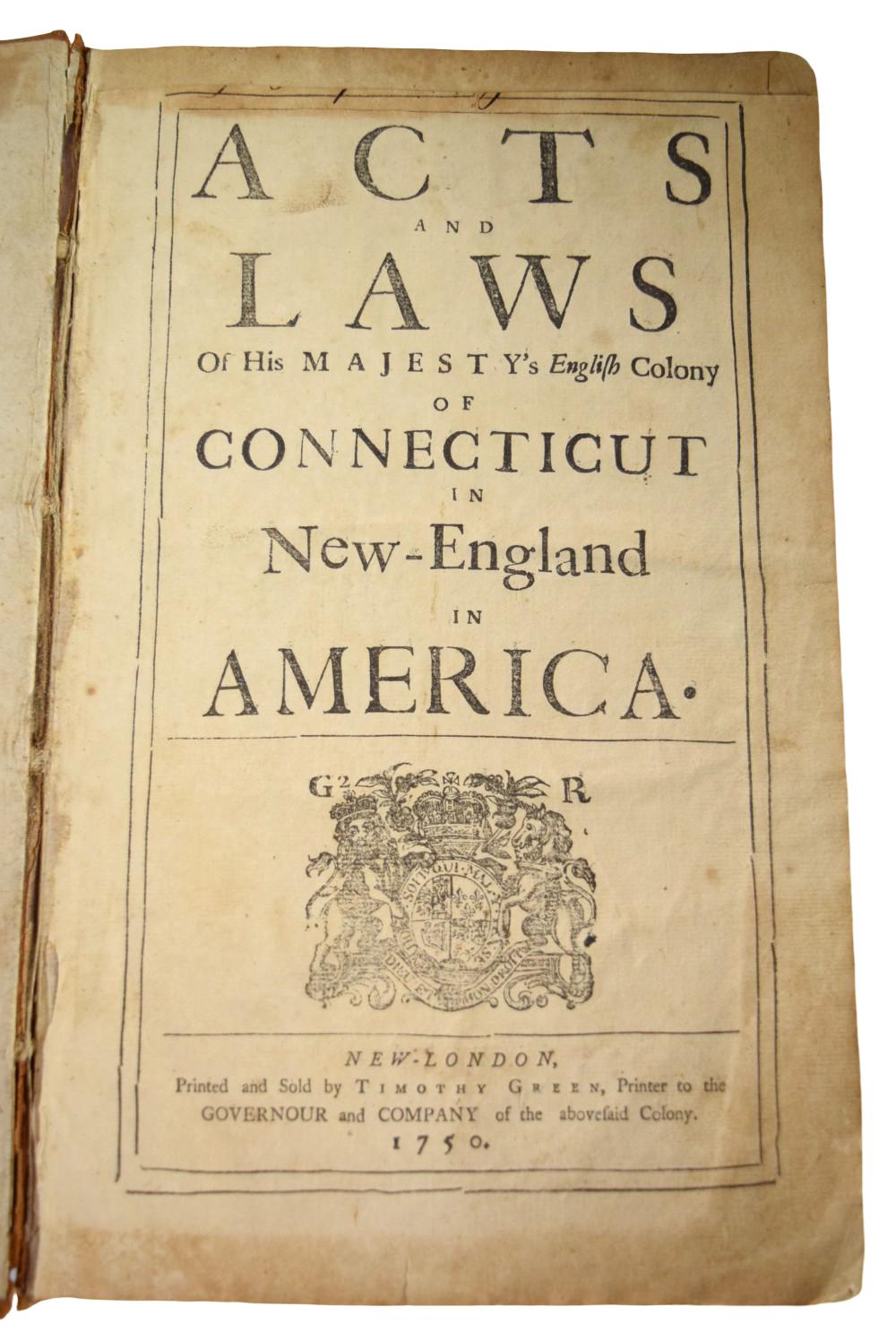 1750 Book Acts and Laws of His Majesty's English Colony of Connecticut in New-England in America