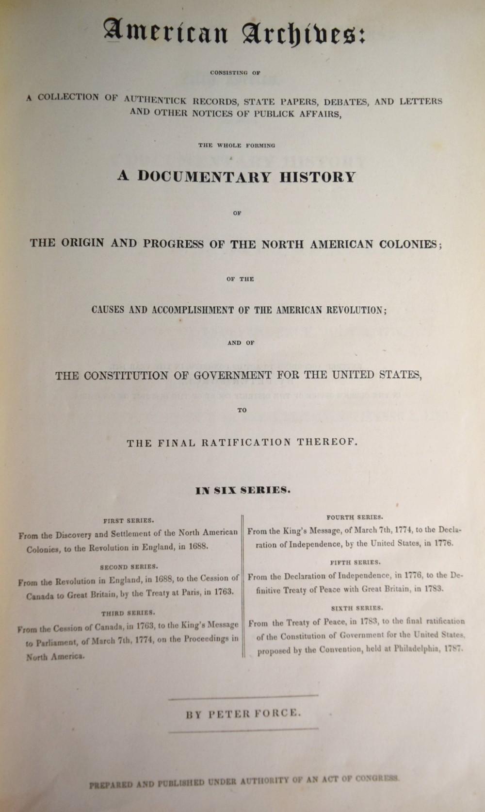American Archives Documentary History by Peter Force vol.III 1853 Book