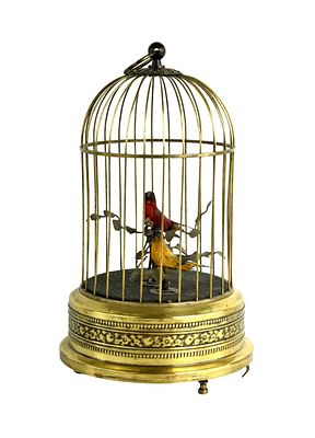 Mid-Century German Singing Bird Automaton in Brass Cage Two Birds. A charming mid-20th century 