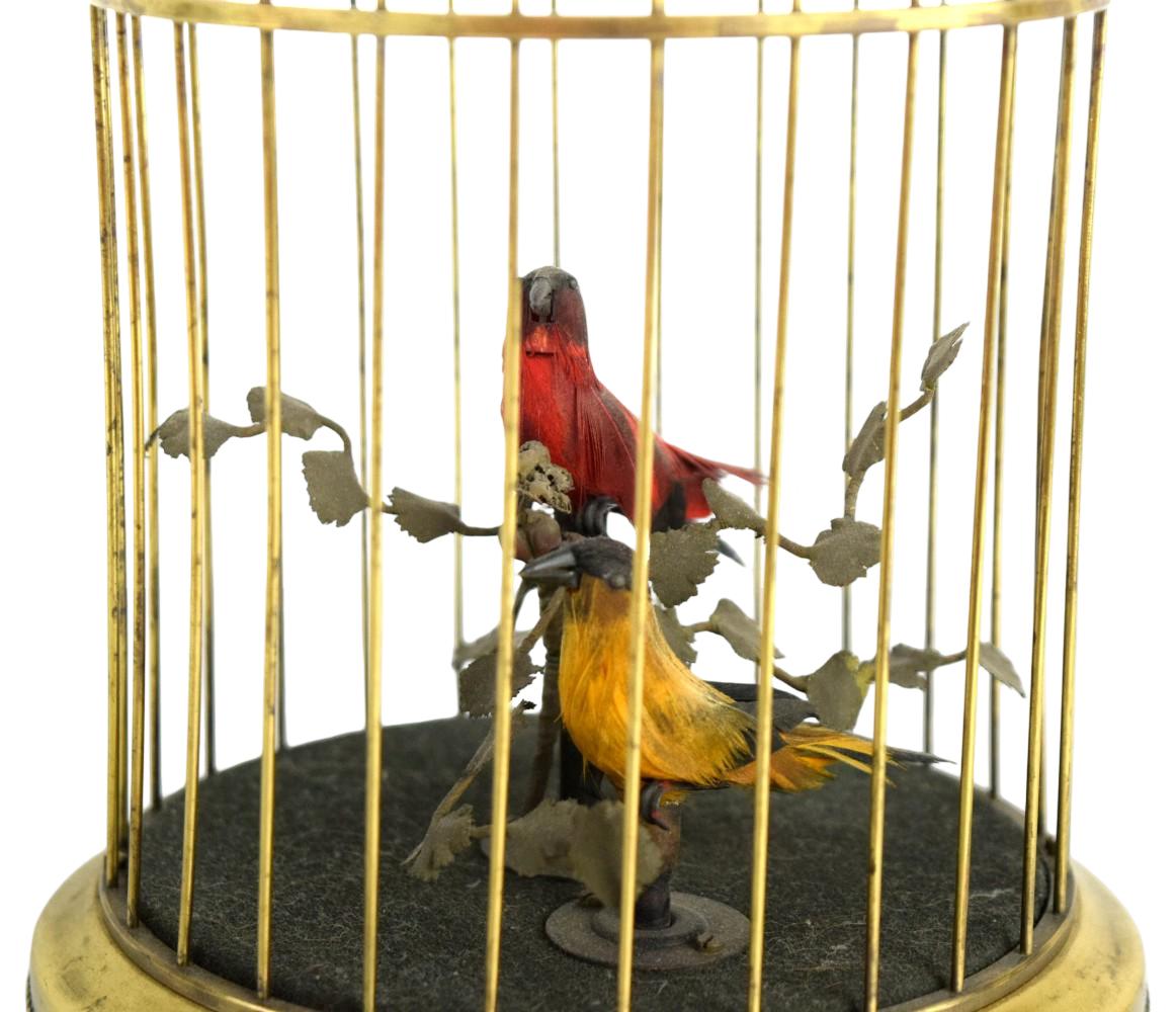 Mid-Century German Singing Bird Automaton in Brass Cage Two Birds