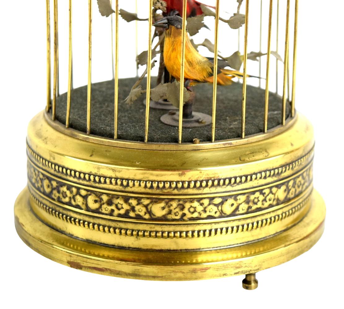 Mid-Century German Singing Bird Automaton in Brass Cage Two Birds