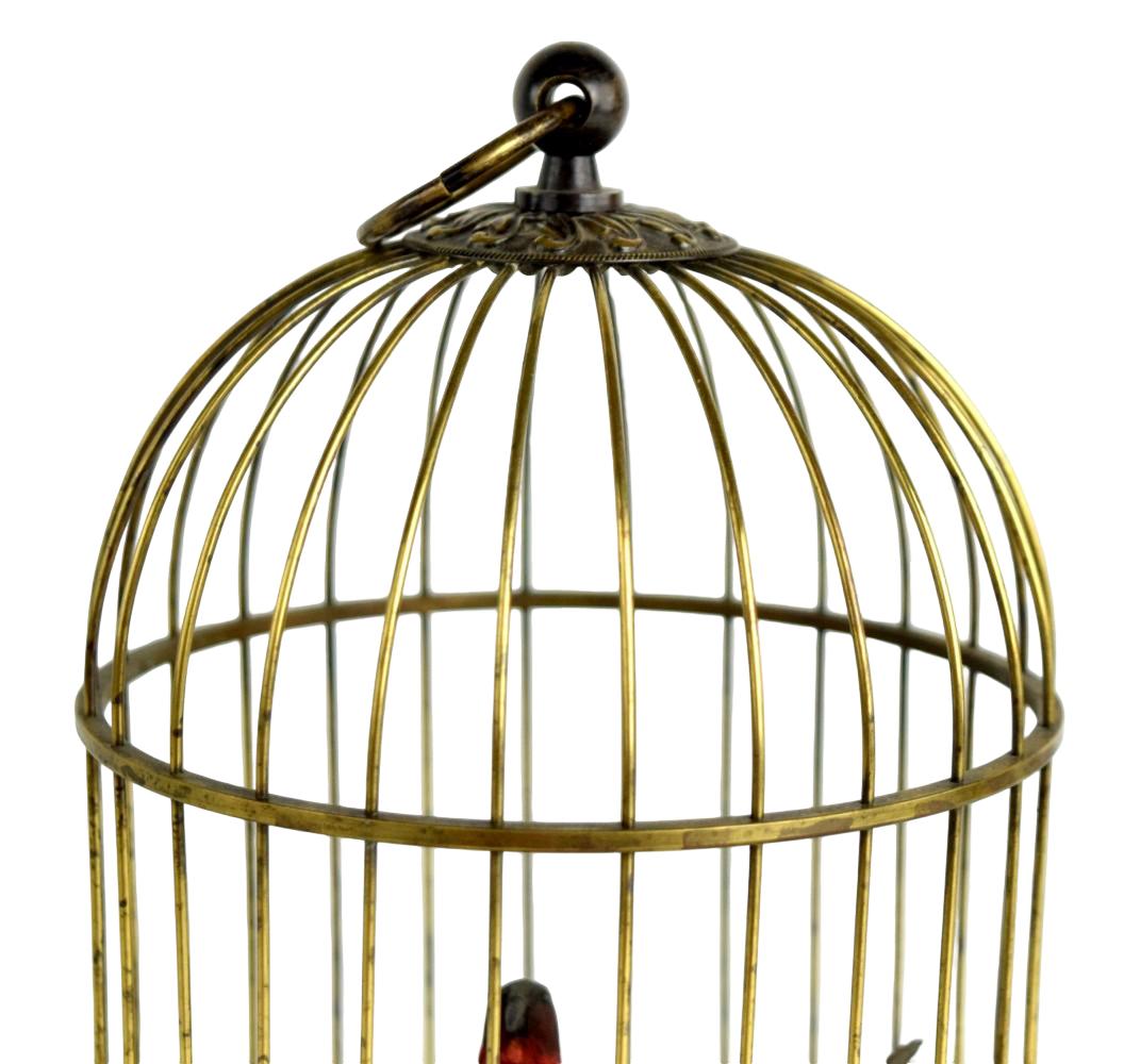 Mid-Century German Singing Bird Automaton in Brass Cage Two Birds