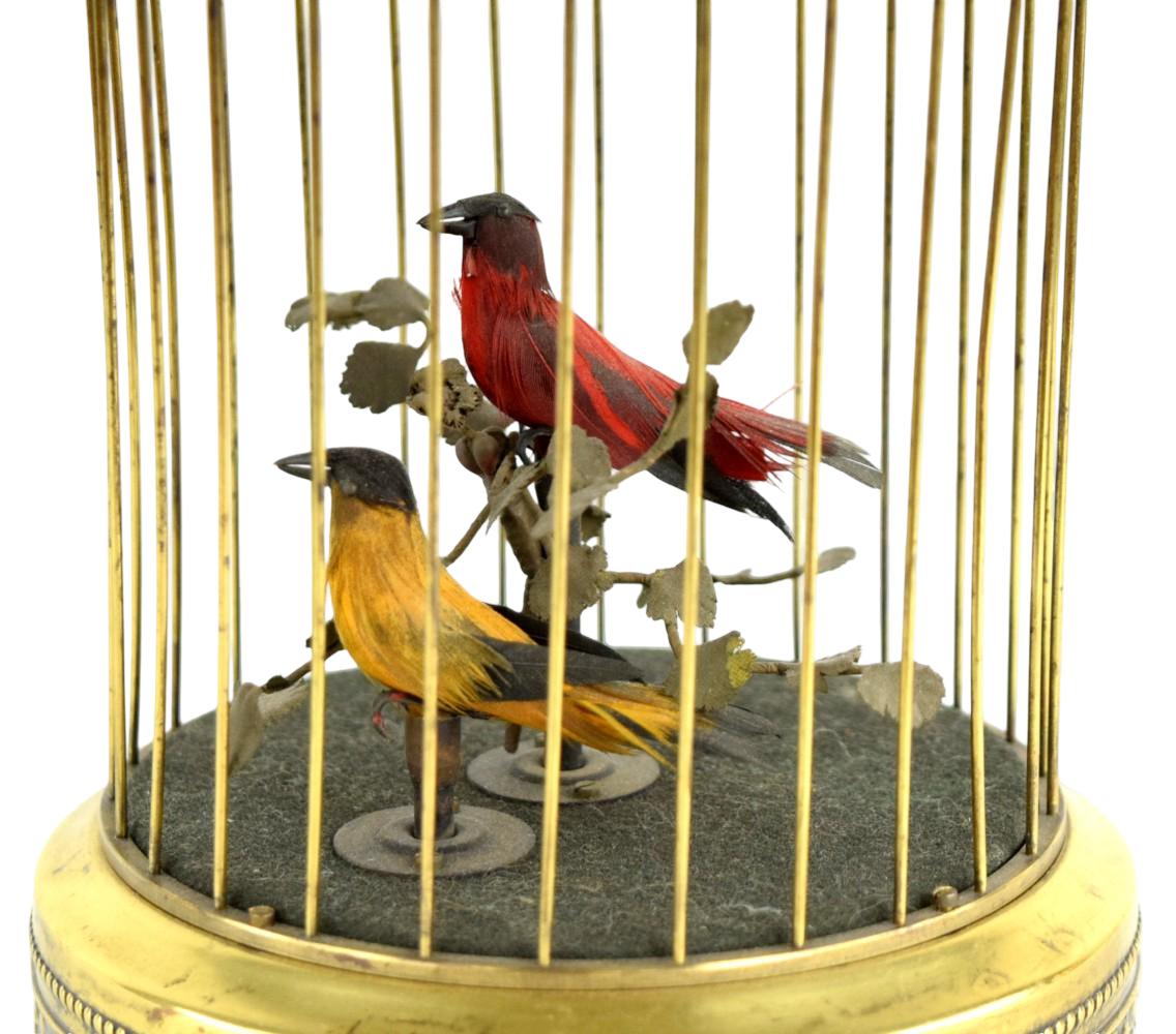 Mid-Century German Singing Bird Automaton in Brass Cage Two Birds