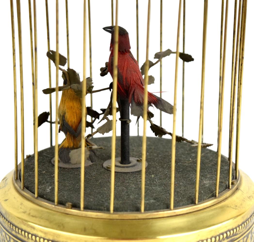 Mid-Century German Singing Bird Automaton in Brass Cage Two Birds