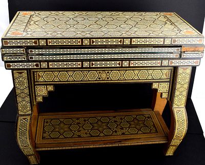 PROFUSELY INLAID SYRIAN MIDDLE EASTERN GAME TABLE. Here is a very fine Syrian folding games 