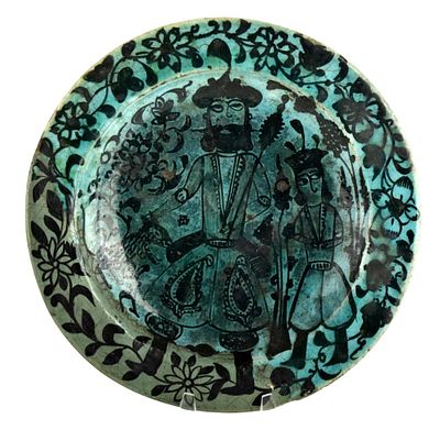 Ancient Kashan Iran/Persia 13th Century Turquoise & Black Earthenware Plate. This ancient 