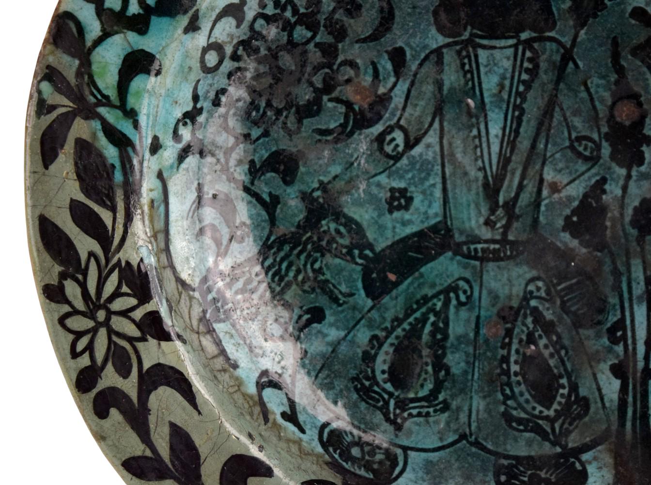 Ancient Kashan Iran/Persia 13th Century Turquoise & Black Earthenware Plate