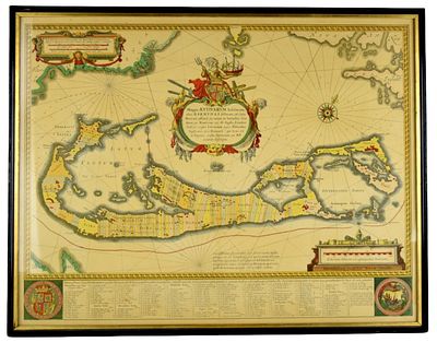 Coloured Sea Chart of Bermuda Printed in Amsterdam by H.Hondius in 1633. Important and 