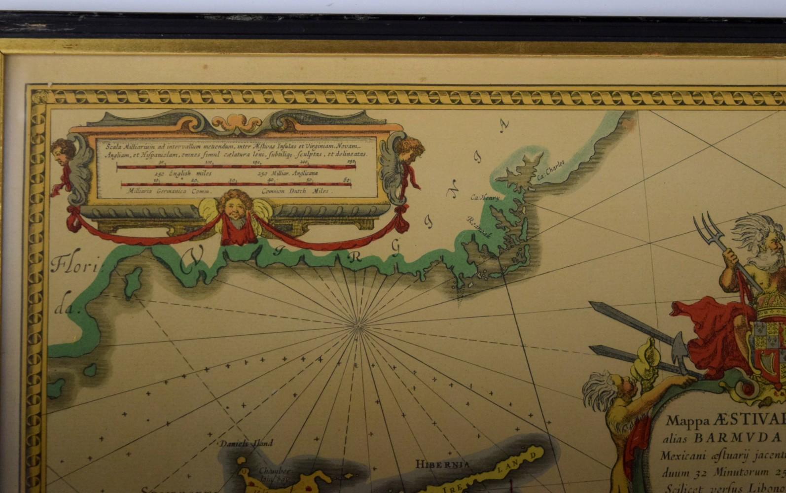 Coloured Sea Chart of Bermuda Printed in Amsterdam by H.Hondius in 1633