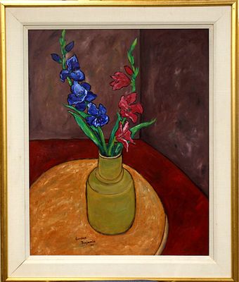 American Romanian Gershon Benjamin Irises In Vase Oil on Board. 1953 Oil On Board "Irises In 