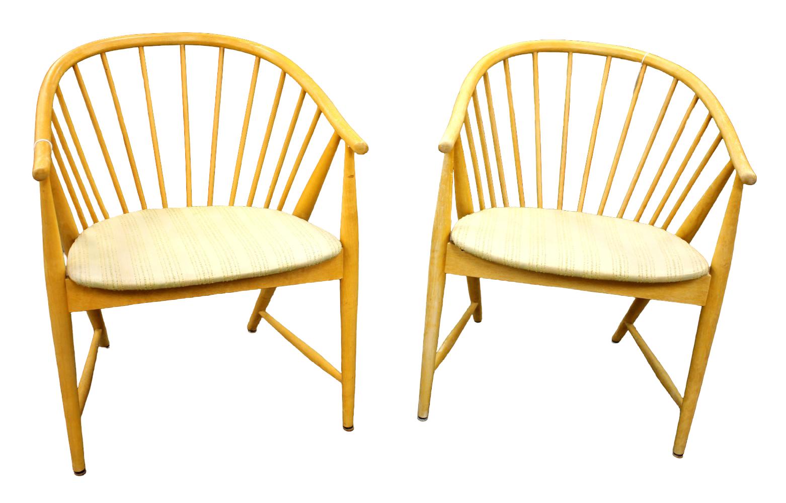 Pair Blonde Spindle Sun Feather Armchairs by Sonna Rosen Sweden c.1950's