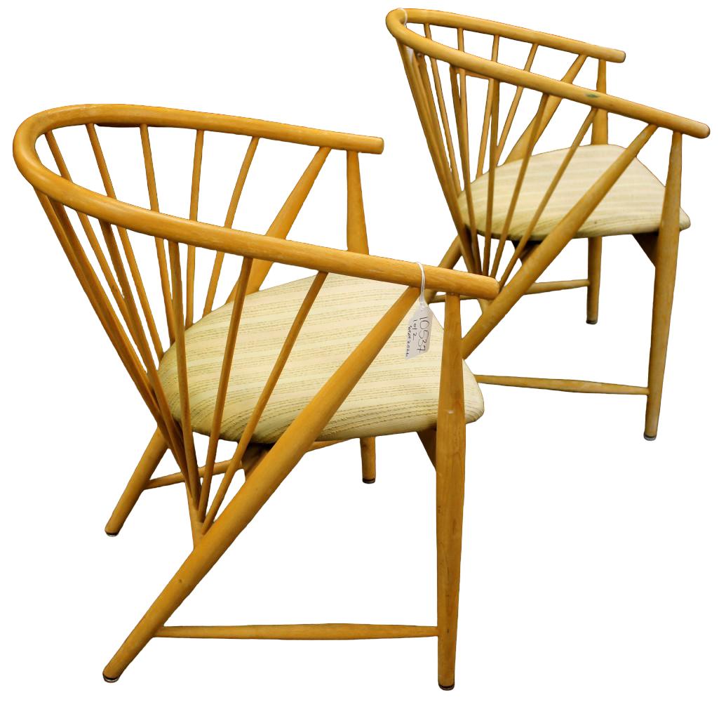 Pair Blonde Spindle Sun Feather Armchairs by Sonna Rosen Sweden c.1950's