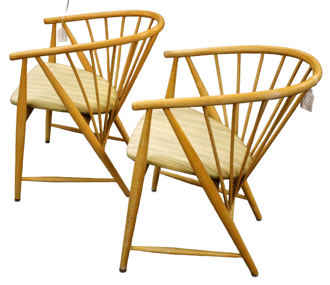 Pair Blonde Spindle Sun Feather Armchairs by Sonna Rosen Sweden c.1950's