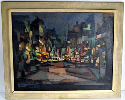 American/Japanese Jean Kalisch Market St San Francisco Cubist Painting. Abstract in cubist style 