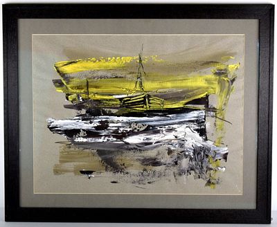 American Gino Hollander Marine Scene Mixed Media Painting. Mixed media abstract painting by well 