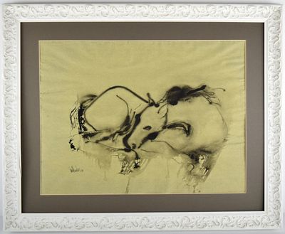 American Gino Hollander Mixed Media Horse Painting. Mixed media abstract painting by well listed 