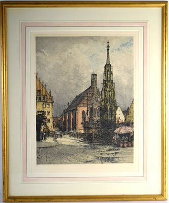 Austrian Luigi Kasimir The Beautiful Fountain in Nuremberg Limited Edition Color Etching. Origina 