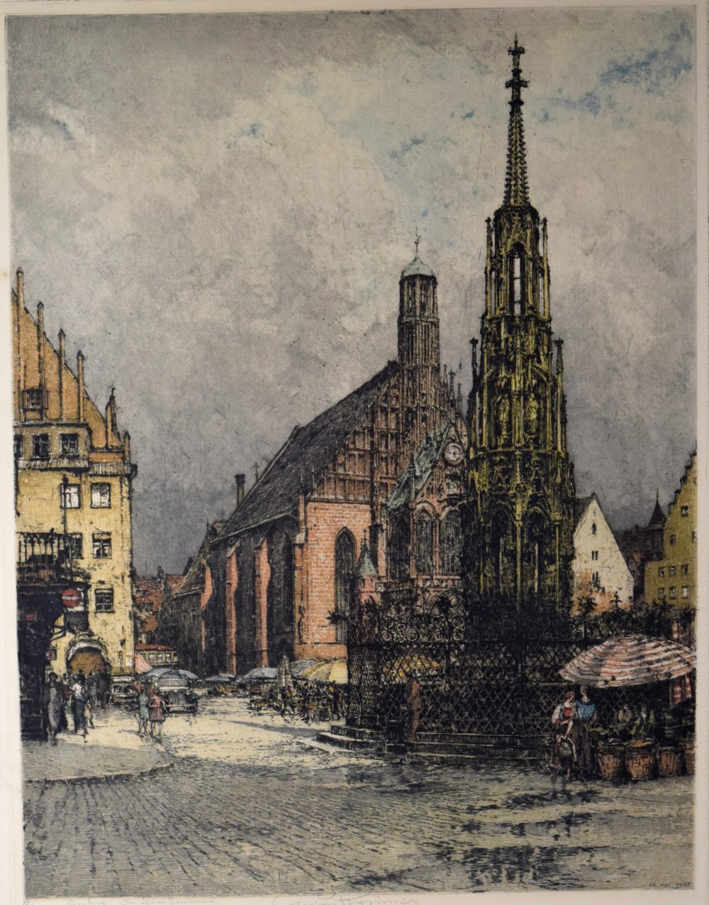 Austrian Luigi Kasimir The Beautiful Fountain in Nuremberg Limited Edition Color Etching