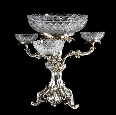 Antique Silverplated Rococo Epergne Crystal Bowls. American Silverplate Epergne. An openwork 