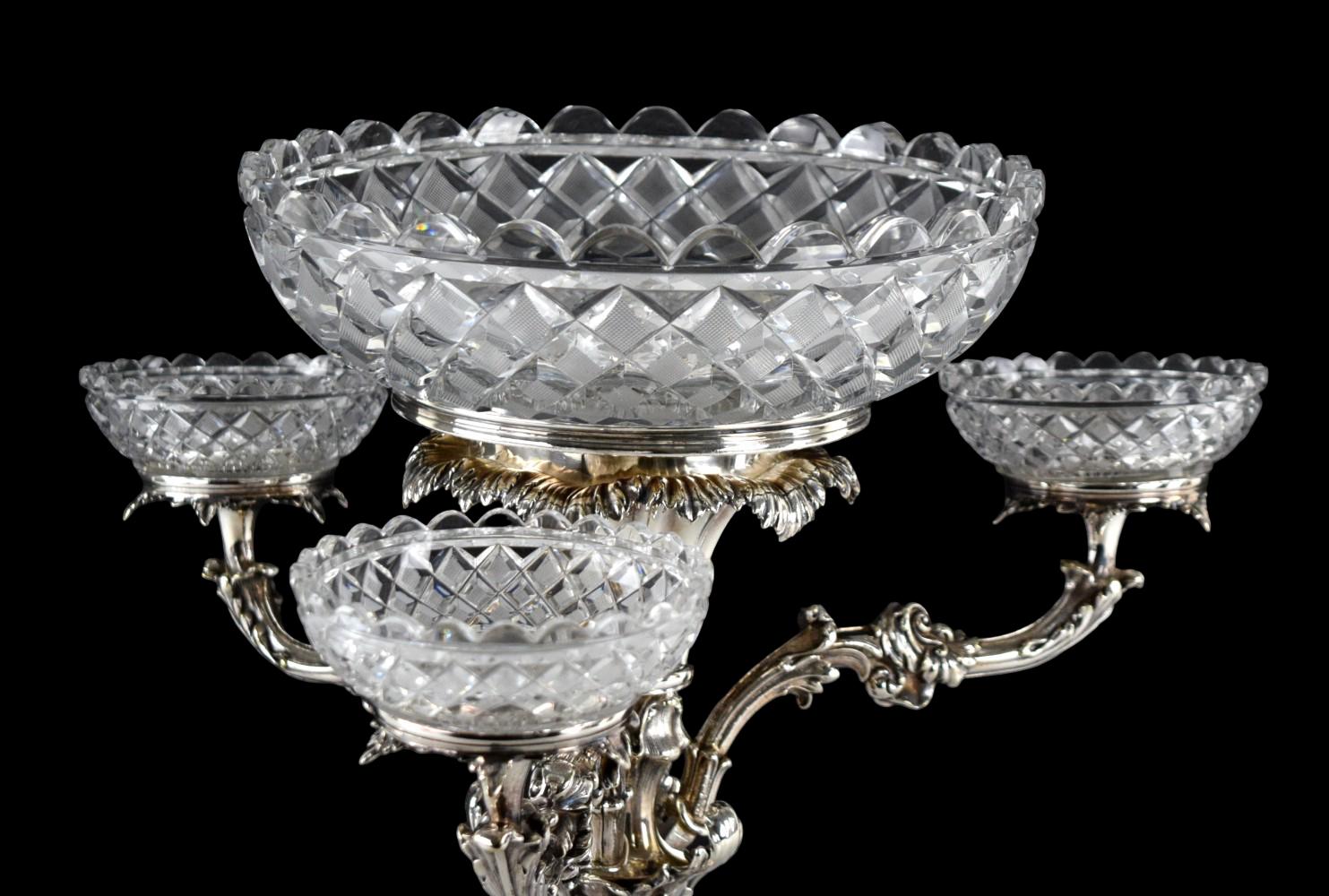 Antique Silverplated Rococo Epergne Crystal Bowls