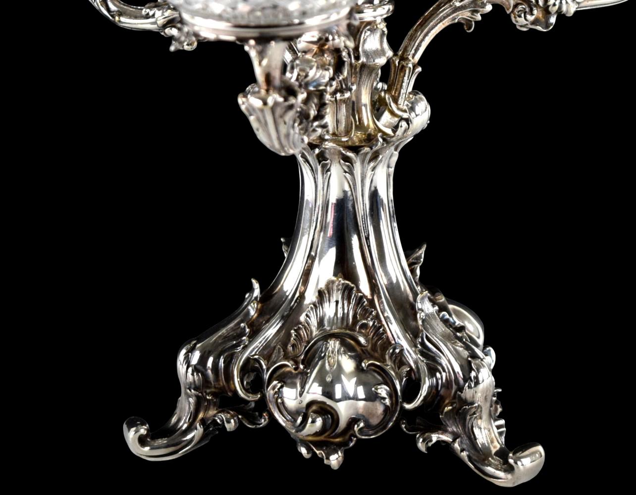 Antique Silverplated Rococo Epergne Crystal Bowls