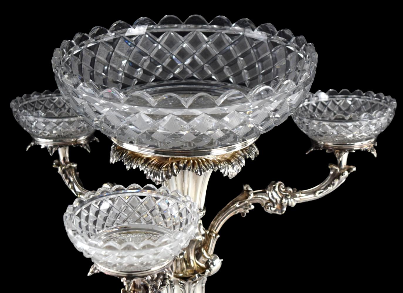 Antique Silverplated Rococo Epergne Crystal Bowls
