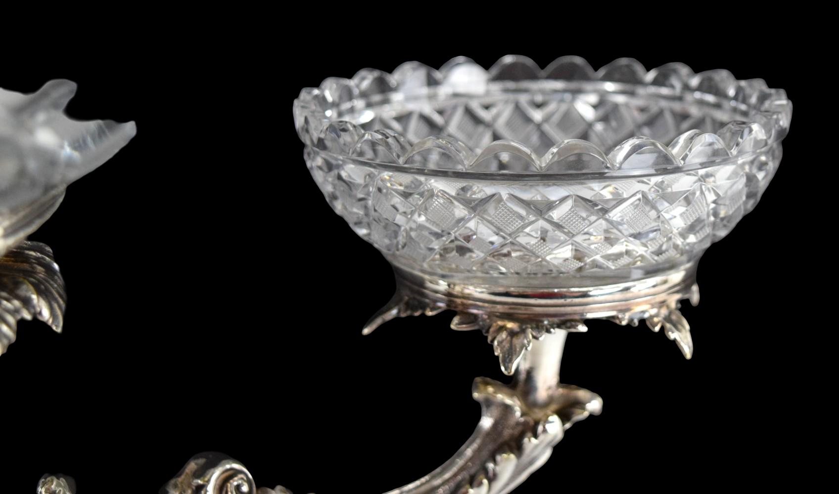 Antique Silverplated Rococo Epergne Crystal Bowls
