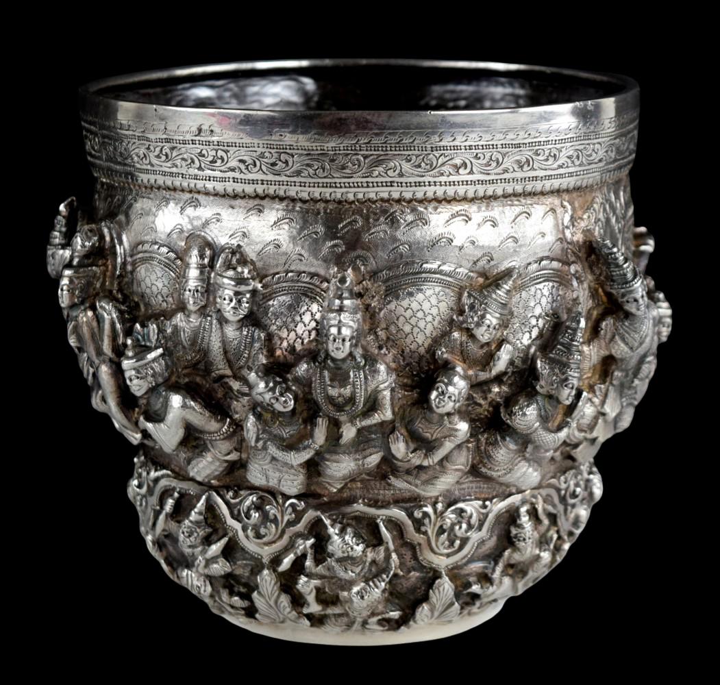 Antique Thai Burmese Silver Repousse Offering Bowl