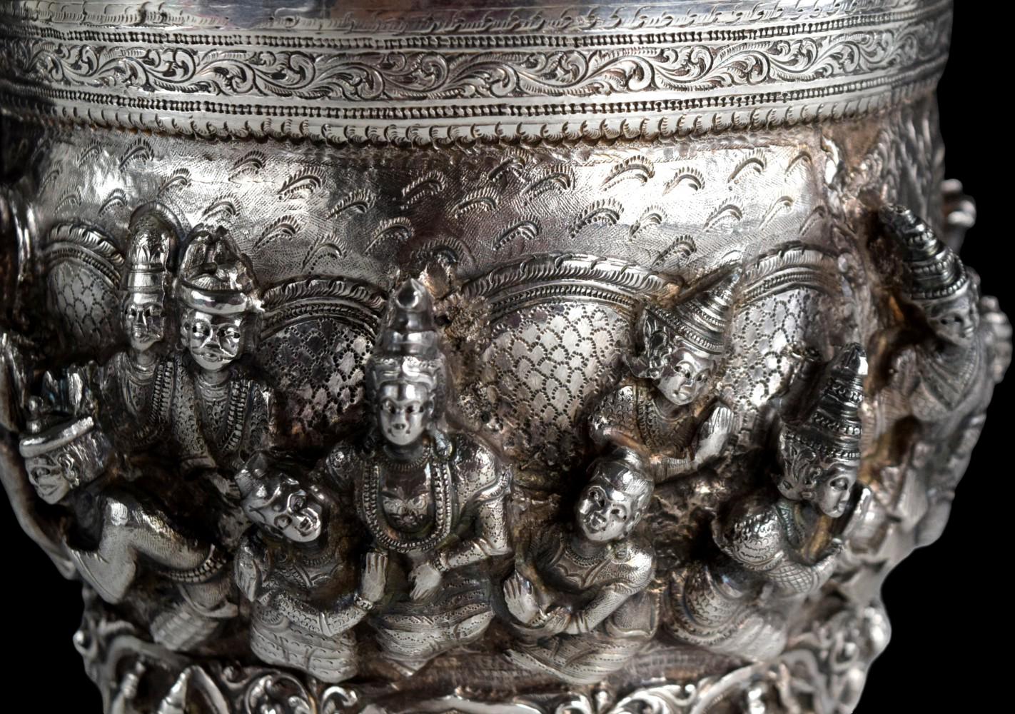 Antique Thai Burmese Silver Repousse Offering Bowl