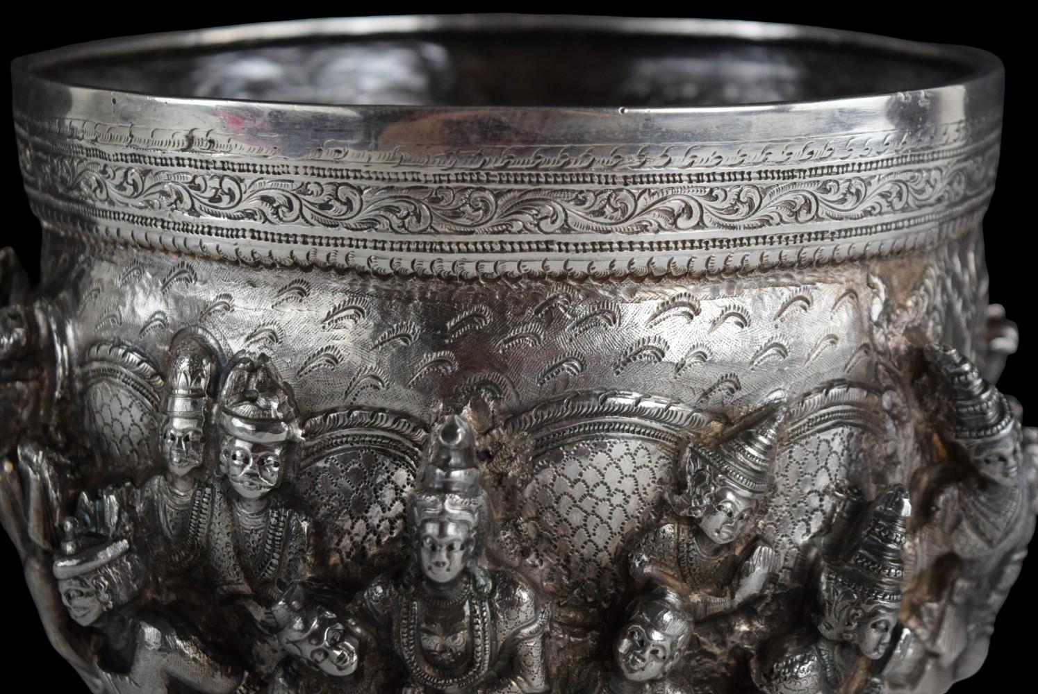 Antique Thai Burmese Silver Repousse Offering Bowl