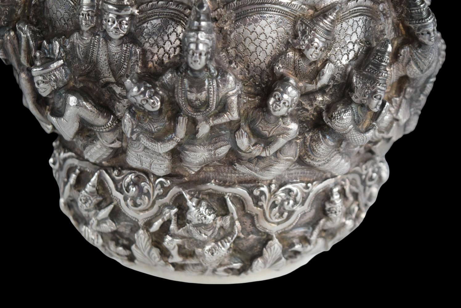 Antique Thai Burmese Silver Repousse Offering Bowl