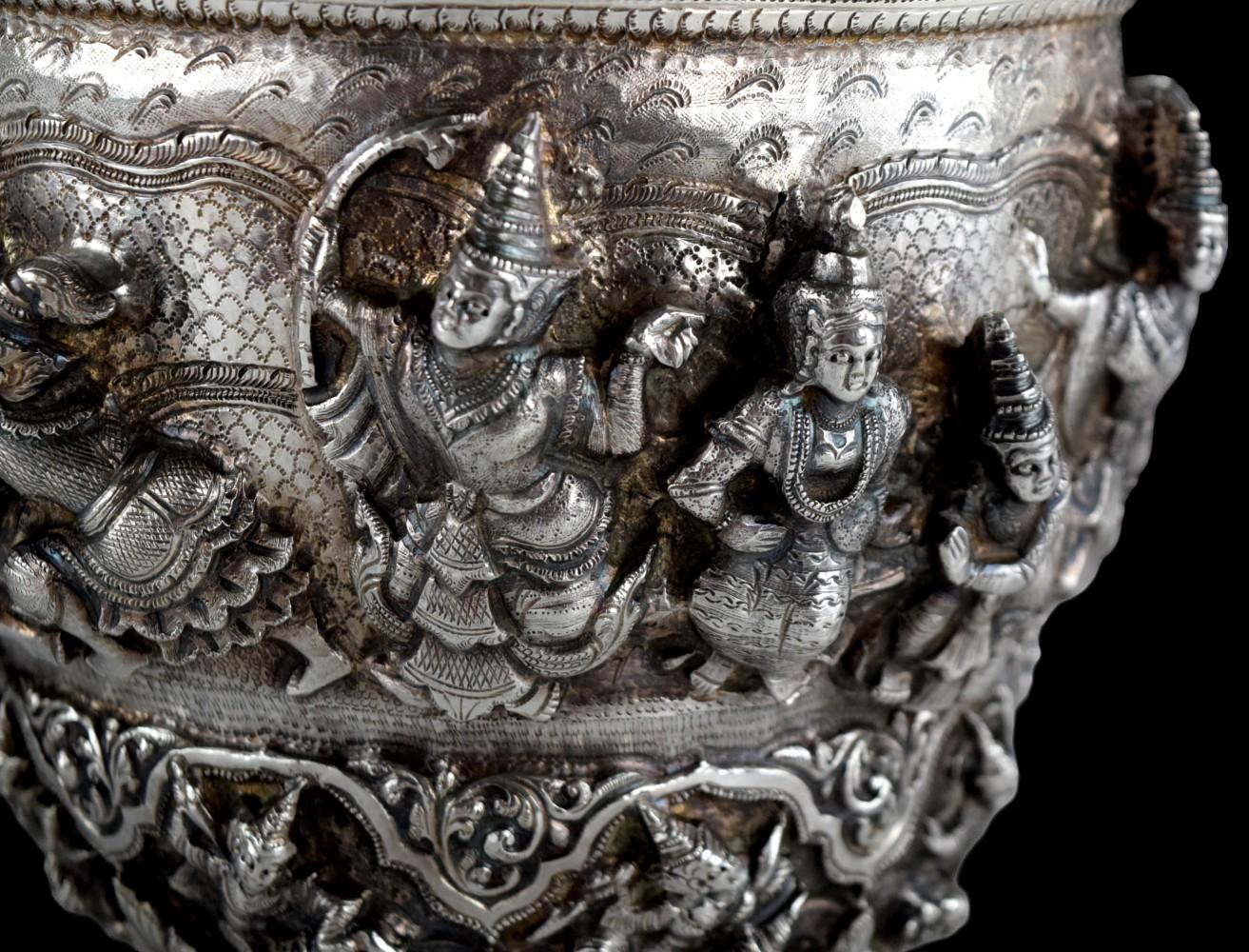 Antique Thai Burmese Silver Repousse Offering Bowl