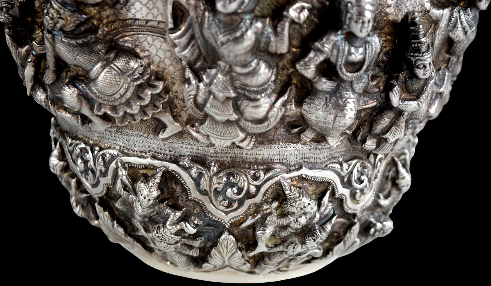 Antique Thai Burmese Silver Repousse Offering Bowl