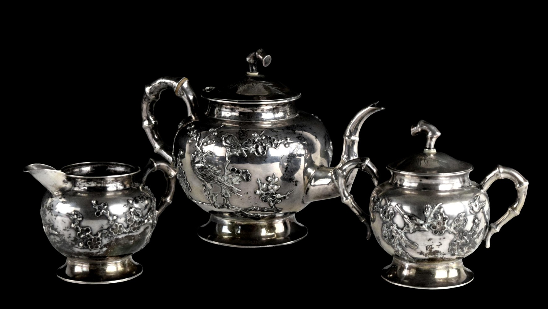 Chinese Export Golden Dragon Workshop Pure Silver Tea Set