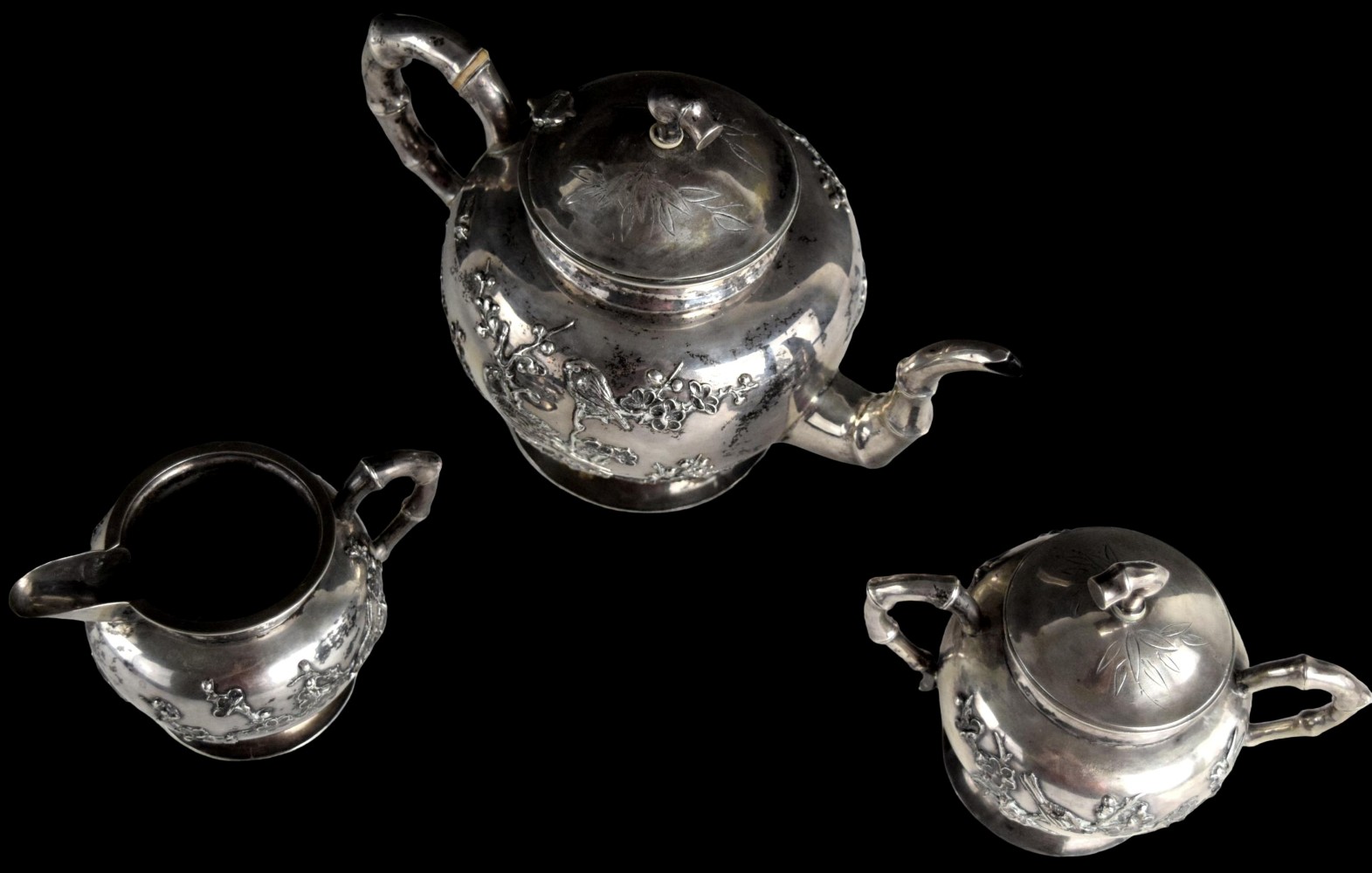 Chinese Export Golden Dragon Workshop Pure Silver Tea Set