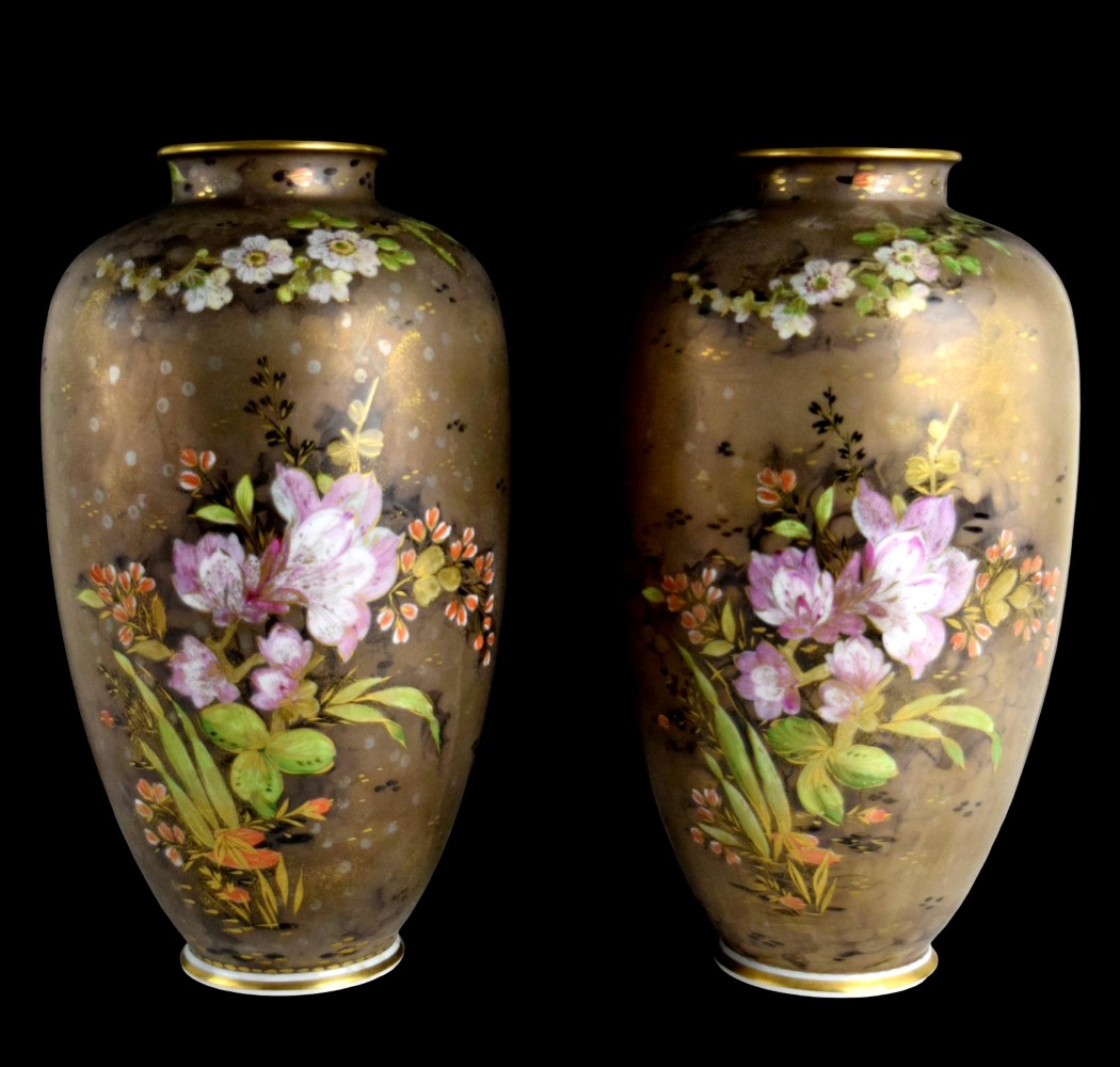 Pair Rosenthal Hand Painted Vases Floral and Gold Motif by Walter Mutze Traumland