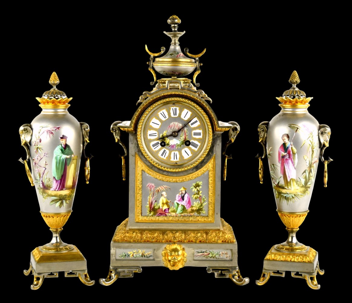 French Enamel Gilt Bronze Chinoiserie 3 Piece Garniture Mantel Clock Set