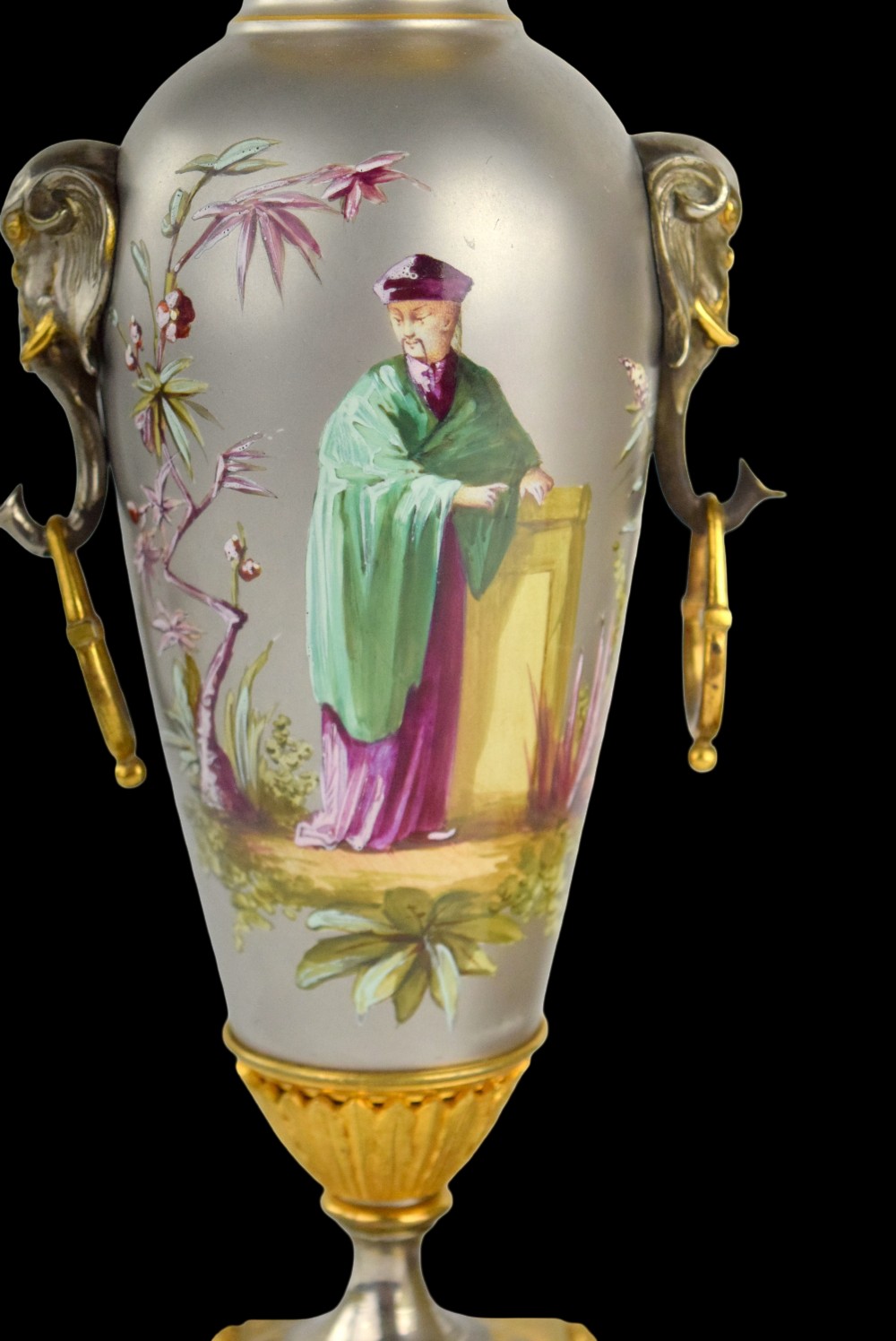 French Enamel Gilt Bronze Chinoiserie 3 Piece Garniture Mantel Clock Set