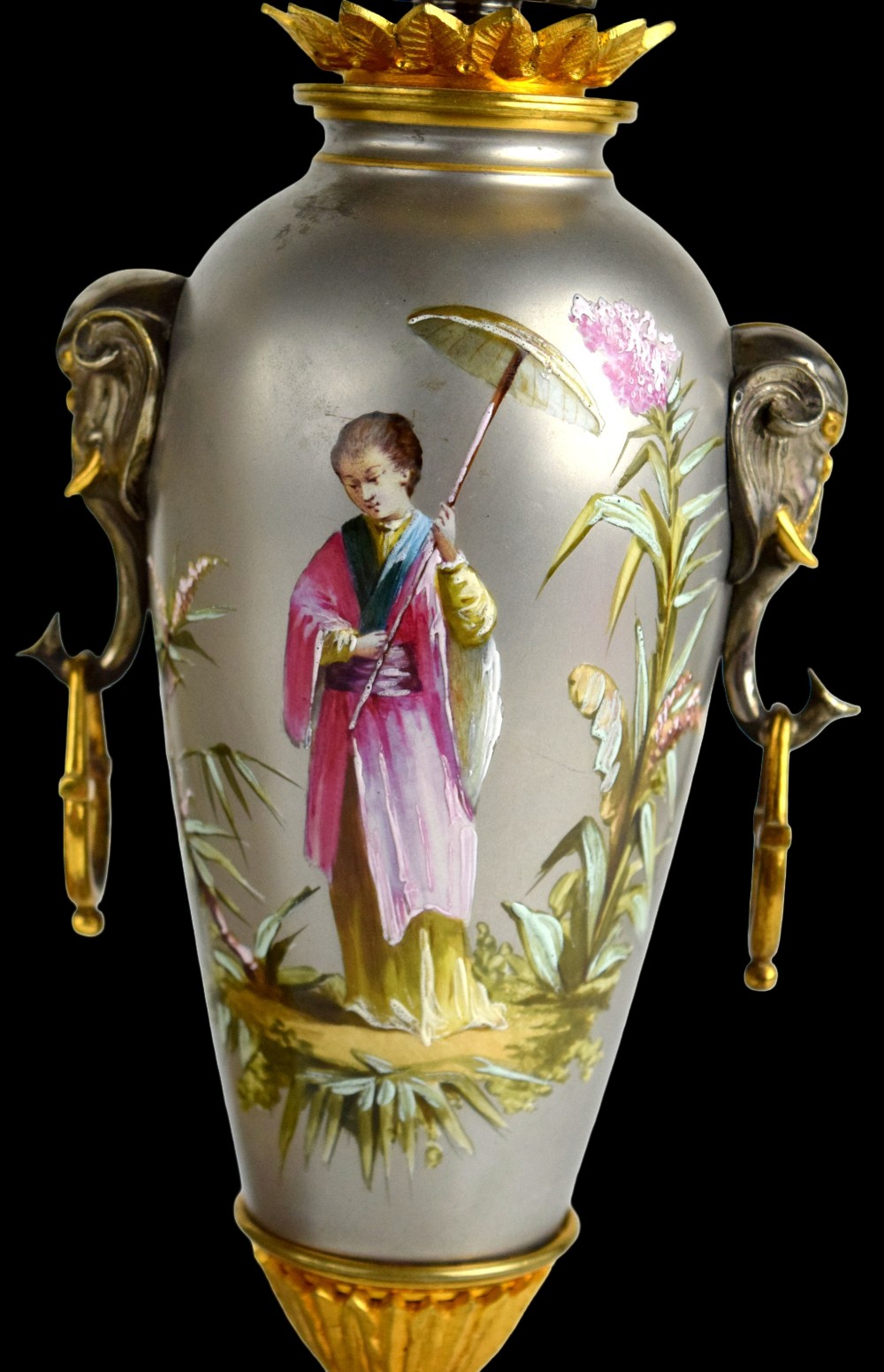 French Enamel Gilt Bronze Chinoiserie 3 Piece Garniture Mantel Clock Set