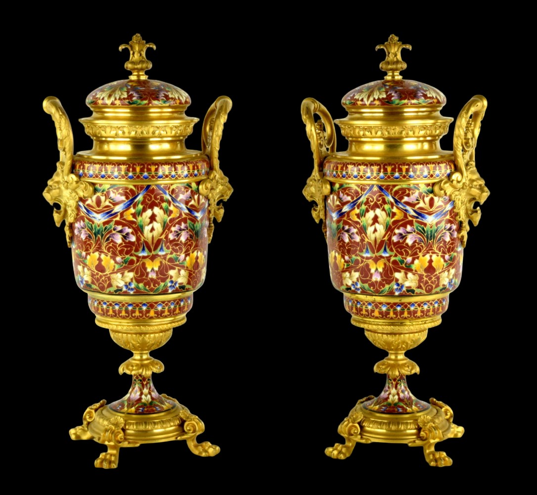 Pair Antique French Gilt Bronze Champleve Enamel Urns